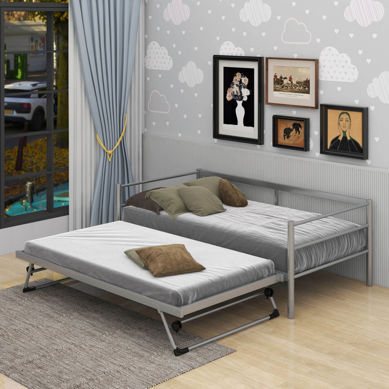 Twin Size Metal Daybed With Adjustable Trundle, Silver