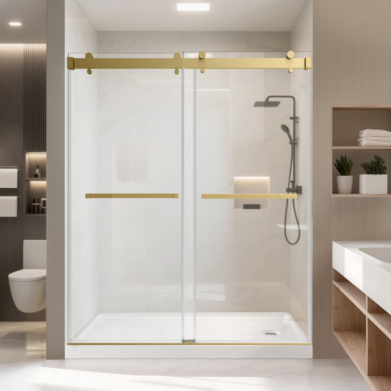 60"W x 76"H Sliding Shower Door, 3/8”(10mm) Tempered Glass, Stainless Steel Track, Smooth Glide with Buffer, Adjustable 4” Range, Left/Right Installation