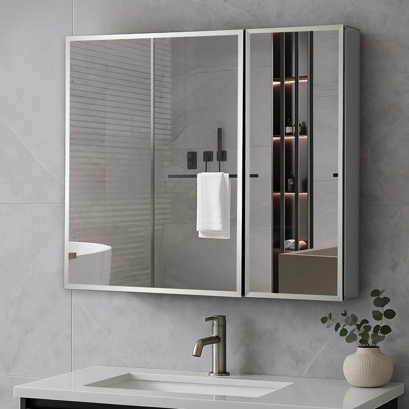 Armoire à pharmacie avec miroir Abhisek - fixation en surface ou encastrée, 2 tablettes réglables en verre trempé, cadre en aluminium, charnières à fermeture en douceur, porte à gauche / droite