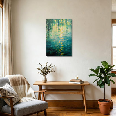 Impressionist Monet Style Weeping Willow Pond Stretched Canvas Wall Art - Gallery Wrapped - Living Room Decor