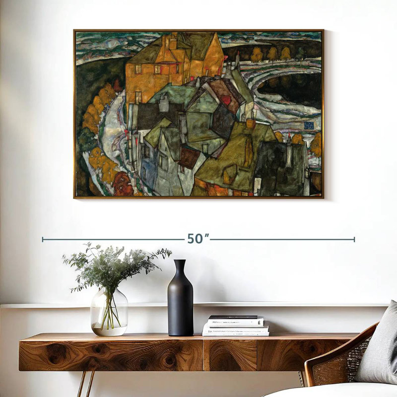 Croissant des maisons II, Cadre flottant doré, 40 po x 27 po