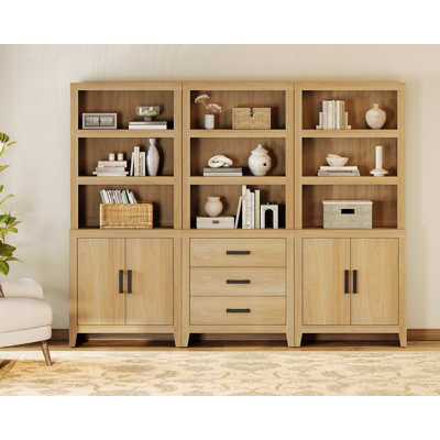 74" Tall Bookshelf Set Of 3, Farmhouse Bookcase With Doors & Drawers, Wooden Bookshelf For Living Room, Home Office, Library, Beige
