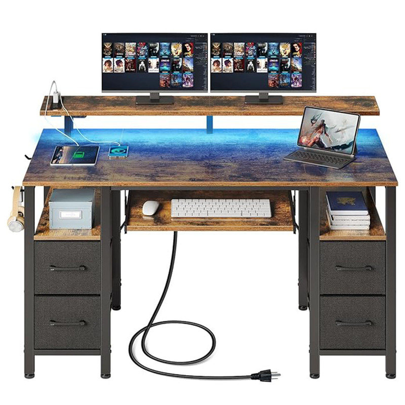 Seventable Computer Desk 47.2" with LED Lights & Power Outlets, Home Office Desk with 4 Drawers and Keyboard Tray, Work Desk for Home Office, Rustic Brown