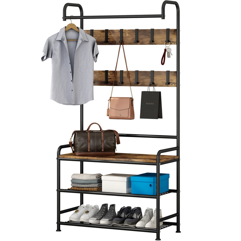 Sturdy Rustic Black Coat Rack With Bench And Storage Shelves, Waterproof Frame