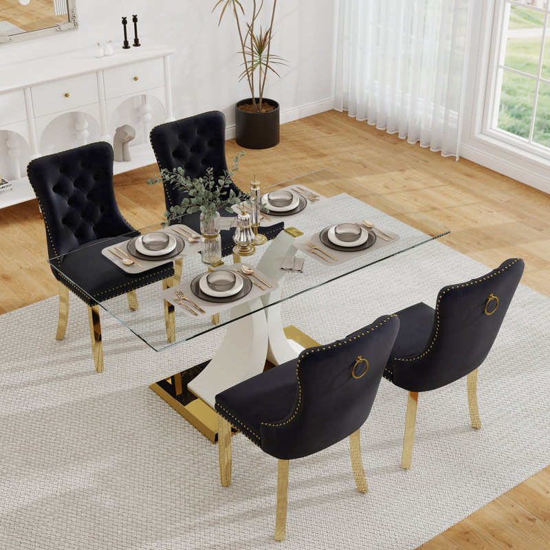 Ensemble de table de salle à manger rectangulaire en verre trempé, table de salle à manger de luxe avec chaise capitonnée pour salle à manger