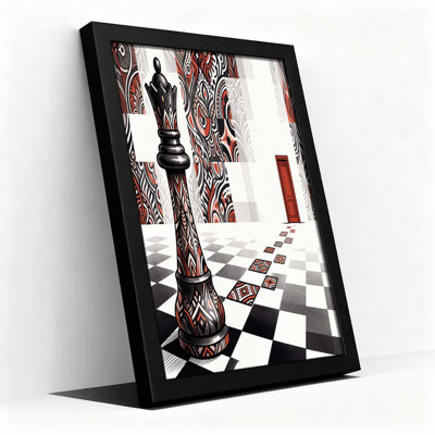 Red and Black Patterned Chess Queen on Checkered Floor Canvas Wall Art