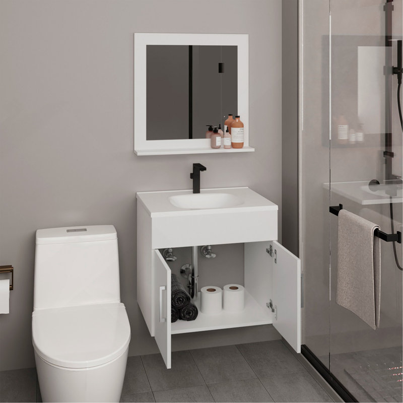 Armoire de salle de bain avec miroir et deux tablettes intérieures, rangement mural blanc, White