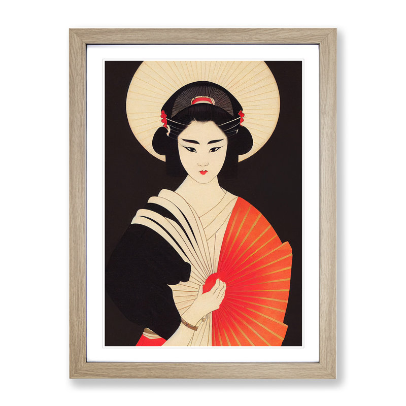 Sculptured Geisha 1 Piece Single Picture Frame Painting, 46cm H x 34cm W x 2cm D, Oak