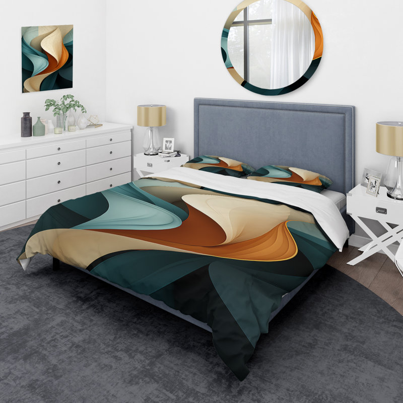 Teal Abstract Vintage Elegant Wave - Ensemble de housse de couette Abstract - Microfibre de polyester