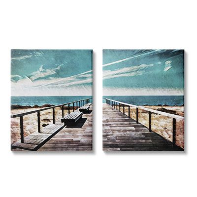 " Tranquil Pier Dock Beach Clear Blue Sky Illustration " by Ashley Aldridge 2 - Pieces