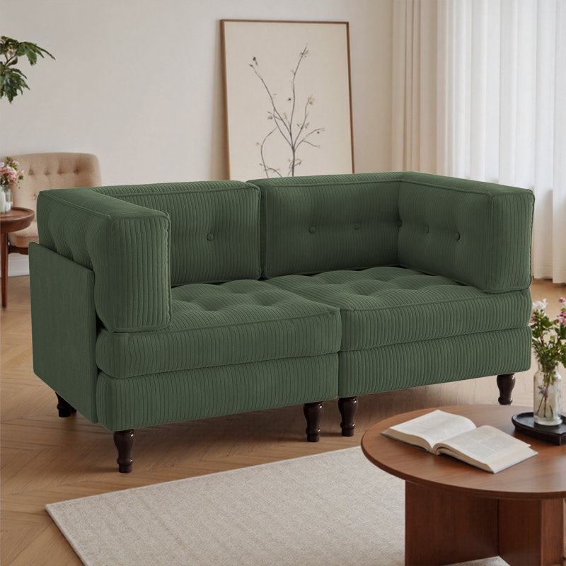 Upholstered Tufted Corduroy Modular Sofa with Pillow Back, Green