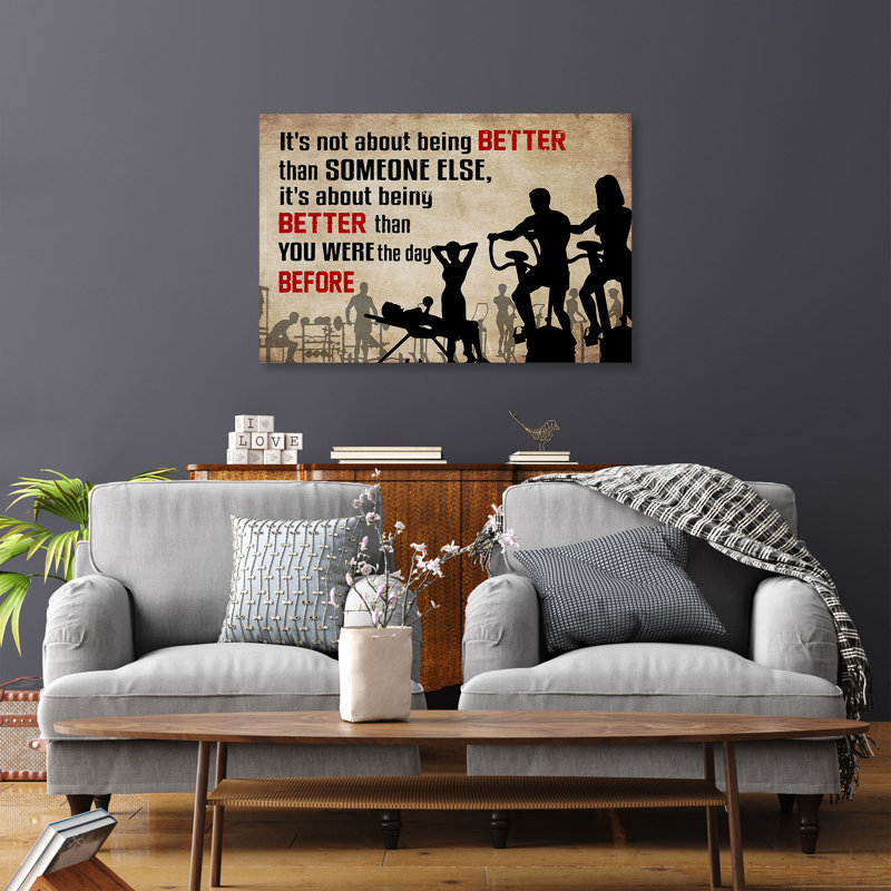 «People Doing Gym - It's Not about Being Better Than Someone Else» - Art textuel sur toile tendue, H 16 po x l 20 po x P 2 po