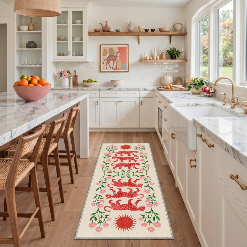 Abraham Tigris Floral Machine Washable Beige / Red Indoor Area Rug with Non-Slip Backing, Runner 2'3" x 6'