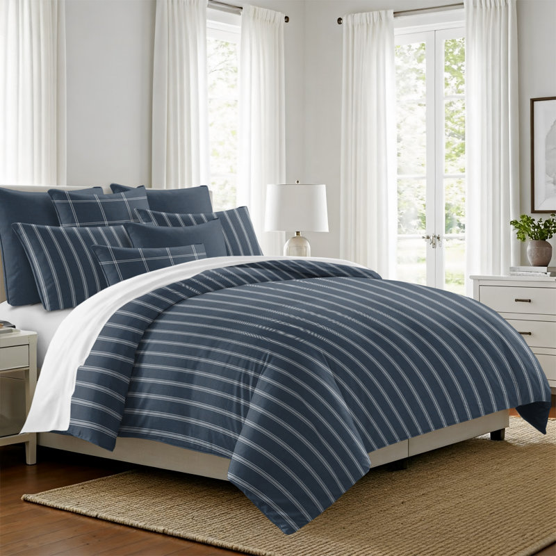 Shay Broad Ticking Stripe Dark Denim Cotton Coverlet Set  8 Piece, Queen Coverlet + 7 Additional Pieces