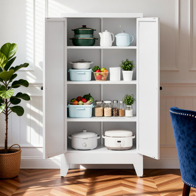 23.7" L Classic White Metal Pantry Cabinet with 3 Adjustable Shelves & Magnetic Doors for Kitchen, Small Spaces