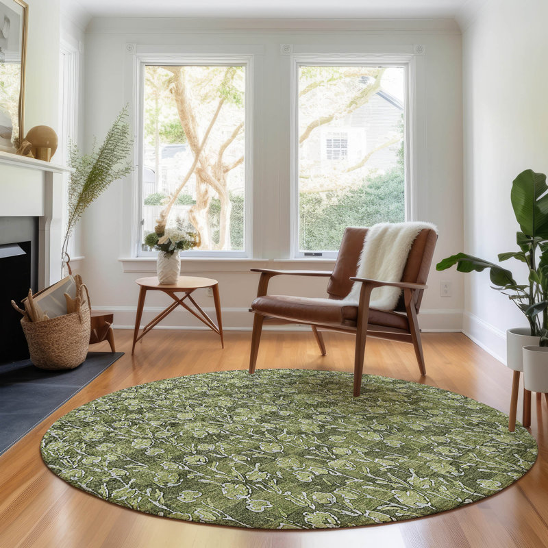 Tapis olive Prisco lavable à la machine de qualité supérieure, Rond 8 pi