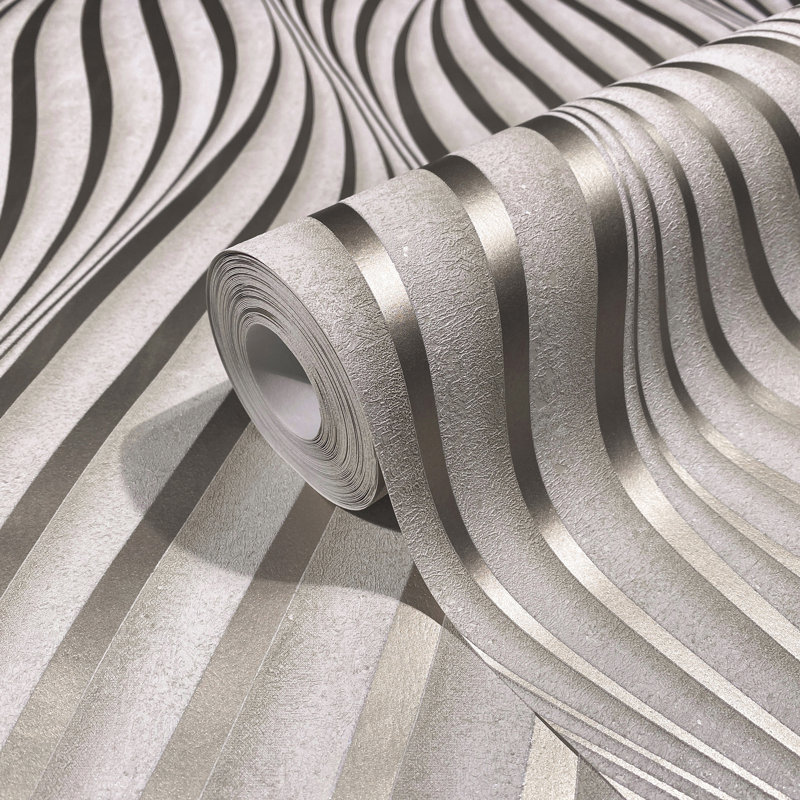 Kavalier Wave Ribbons 10.05M X 53Cm Pearlescent Sheen Wallpaper Roll, Beige