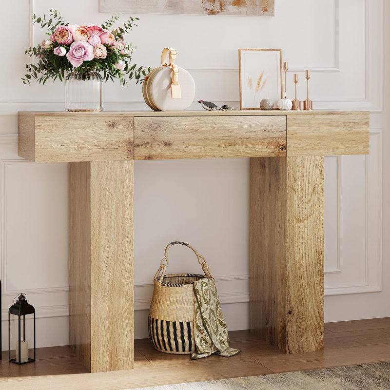 47-Inch Long Console Table with Drawer, Wooden Rectangular Sofa Table Behind The Couch, Oak