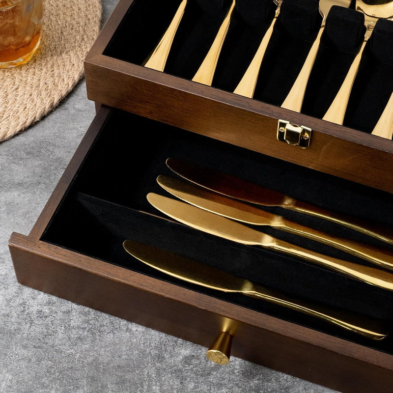 Fine Silverware Box With Glass Lid, 2-Layer Wooden Silverware Chest With Drawer,2 Layer, Walnut