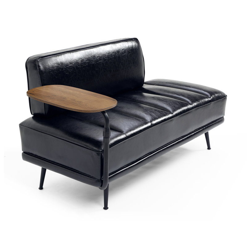 55"Inch Width Modern End Of Bed Bench,Black Faux Leather Upholstered With Side Table, 360-Degree Swivel Tray Couch,Entryway Ottoman,Window Bench With  Metal Legs For Bedroom, Living Room