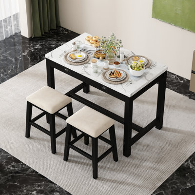 Ensemble de table de salle à manger moderne avec tiroirs de rangement et tabourets rembourrés