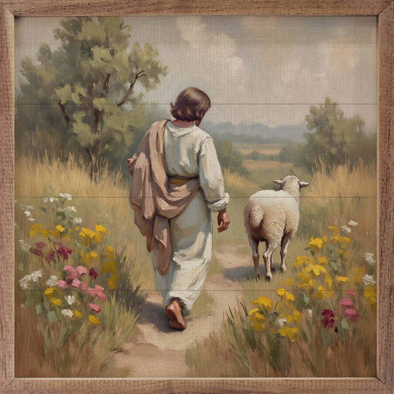 Jésus et ses moutons dans les fleurs, H 24 po x l 24 po