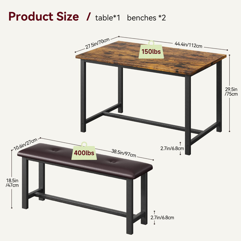 Kitchen Table With Benches, Dining Table Set For 4, Rectangular Dining Room Table Set With 2 Upholstered Benches, 3 Piece Kitchen Table Set For Small Space, Apartment, Studio, Retro Brown