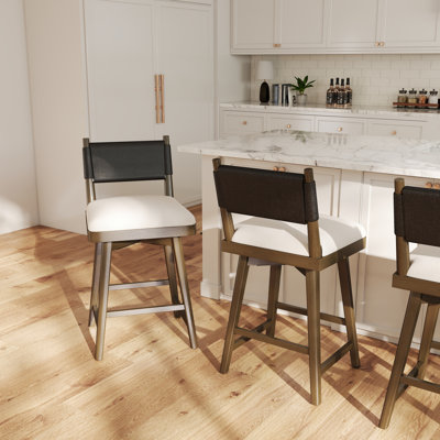 Modern Rustic Swivel Solid Wood Barstool With Twine Woven Backrest And Stirrups
