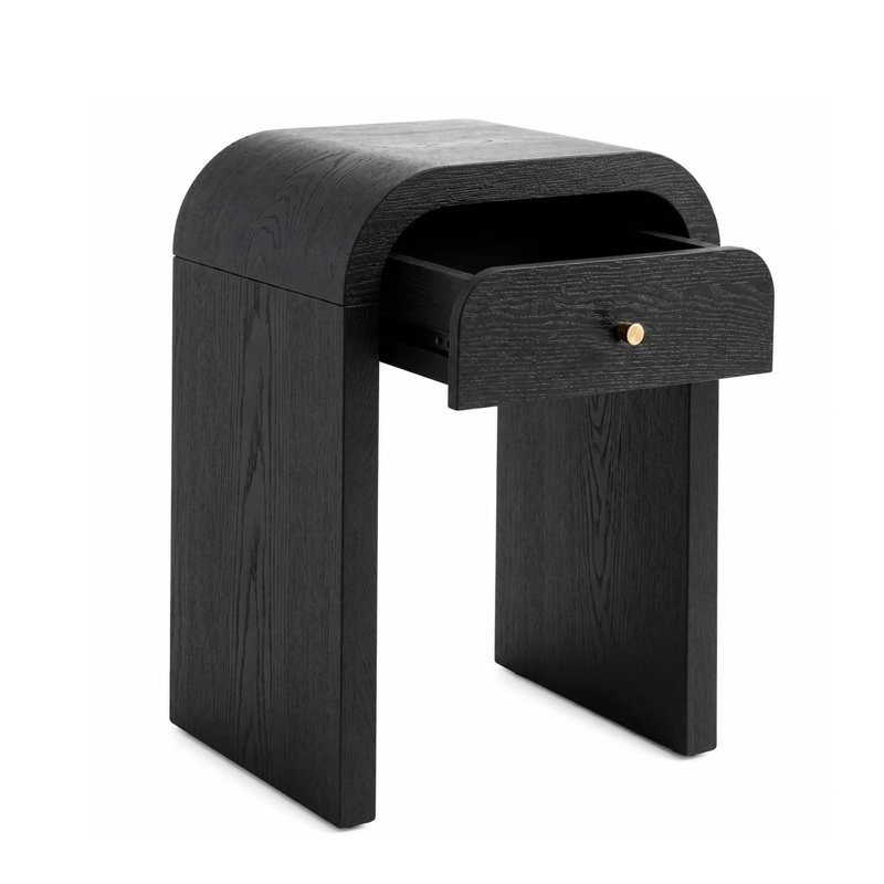 Table de chevet incurvée en forme de U avec un seul tiroir et bouton en laiton, Black