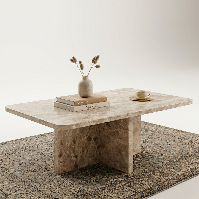 Kramer 48" Brown Marble Coffee Table - Glam Rectangular Stone Accent Table for Living Room or Office