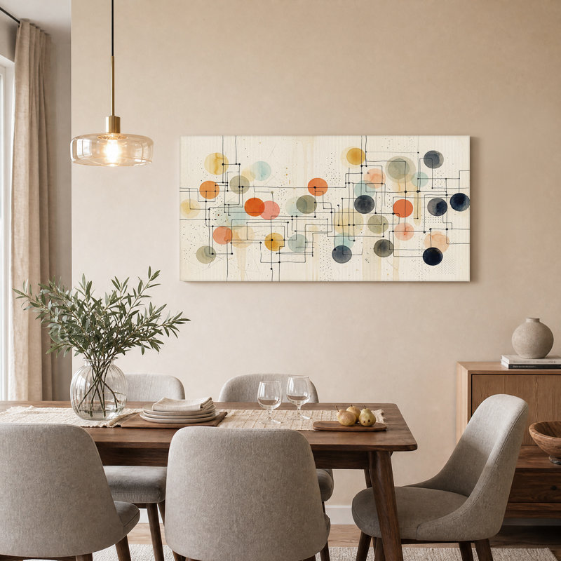 Tableau sur toile abstrait multicolore avec cercles et lignes géométriques, 40“W x 20”H