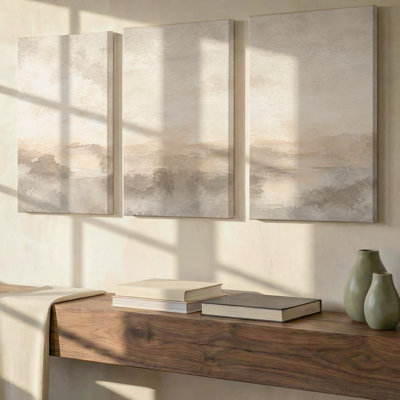 3 Pieces Exculisive Misty Neutral Horizon Landscape Large Wall Art Serene Panorama, Modern Canvas Decor for Living Room, Bedroom, Office and Home
