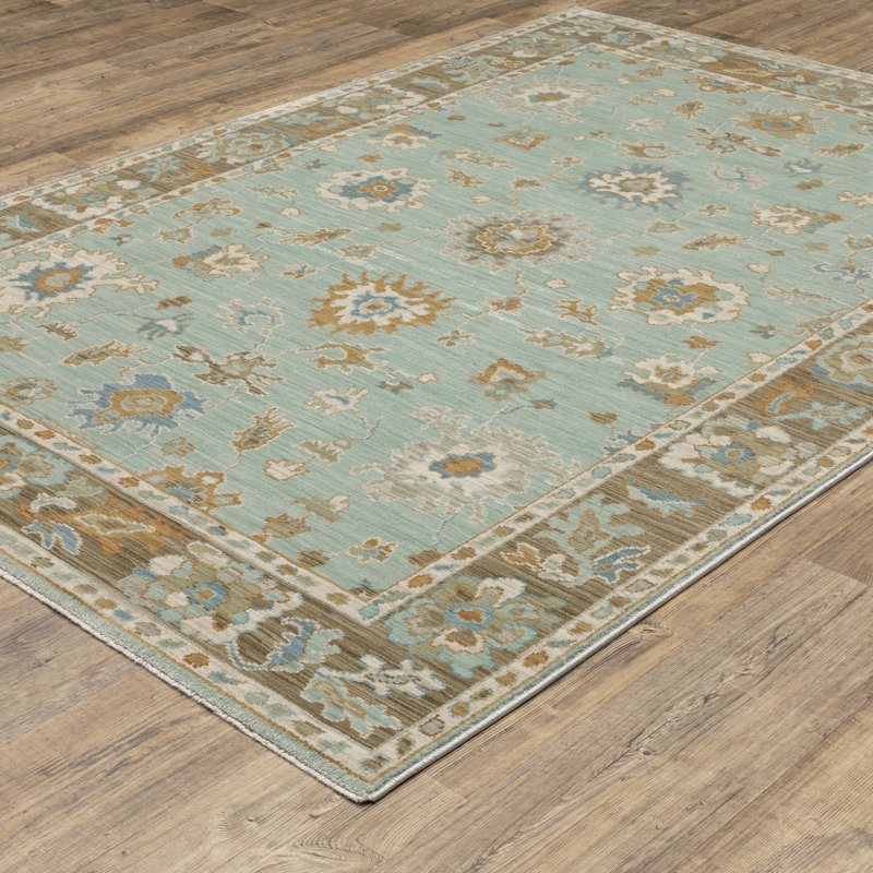 Graicyn Bordered Traditional Teal/ Rust Area Rug, Rectangle 3'3" x 5'