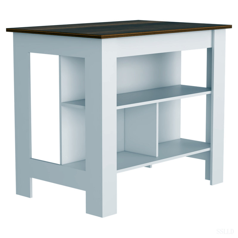 Îlot de cuisine, trois tablettes, Blanc / Brun, H 35,4 po x l 27,5 po x P 40,5 po