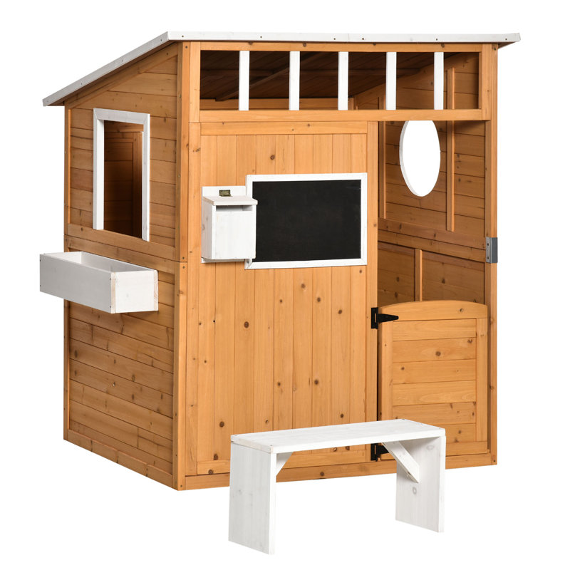 Outsunny Wooden Kids Playhouse with Bench and Flower Pot Holder