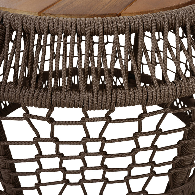 Table d'appoint ronde en bois d'acacia avec structure en corde tissée grise, plateau en teck, capacité de 150 lb, aucun assemblage requis, table d'appoint résistante aux intempéries pour le salon de patio