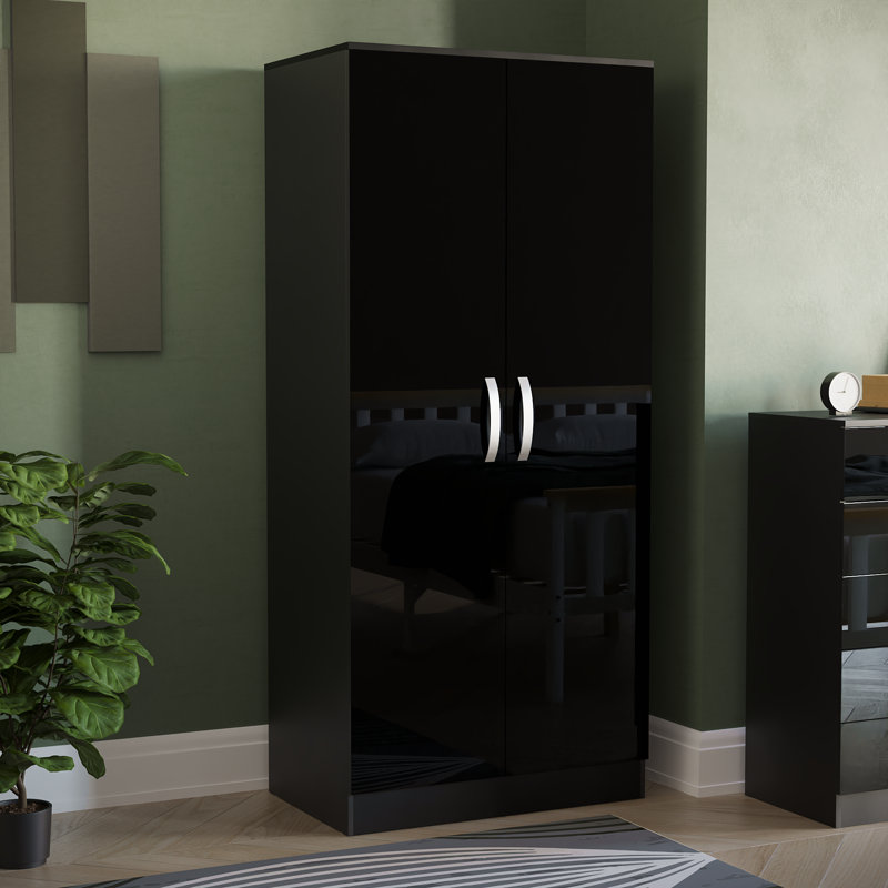 Arkadij 2 Door High Gloss Manufactured Wood Wardrobe With Internal Shelf and Hanging Rail, Black