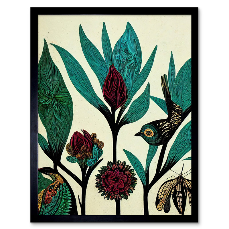 Folk Art Leaves Flowers Birds - Single Picture Frame Print, 43.7cm H x 33.5cm W x 1.5cm D