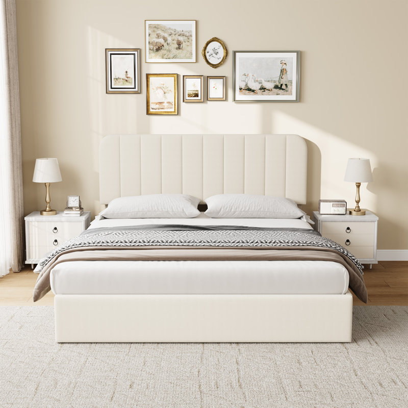 Structure de lit grand format avec 4 tiroirs, lit plateforme tapissier en velours avec tête de lit réglable en hauteur, support de lattes en bois, aucun sommier requis, assemblage facile, beige