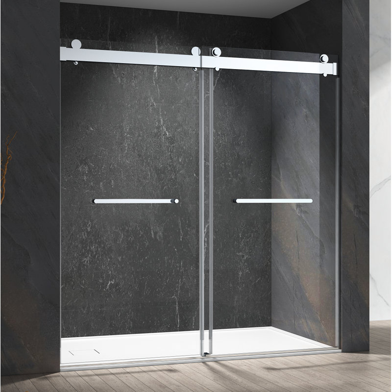 Porte de douche coulissante double sans cadre en verre trempé, Chrome chrome, 72"