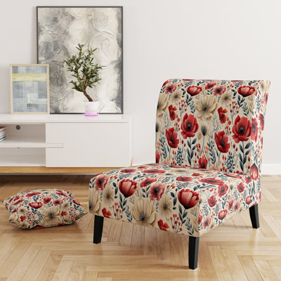 Fauteuil de chambre tapissier en velours rouge et blanc Watercolor Poppies