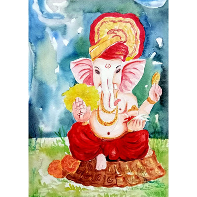Ganesha Seated On Aasana | Watercolor Painting By Prasenjit