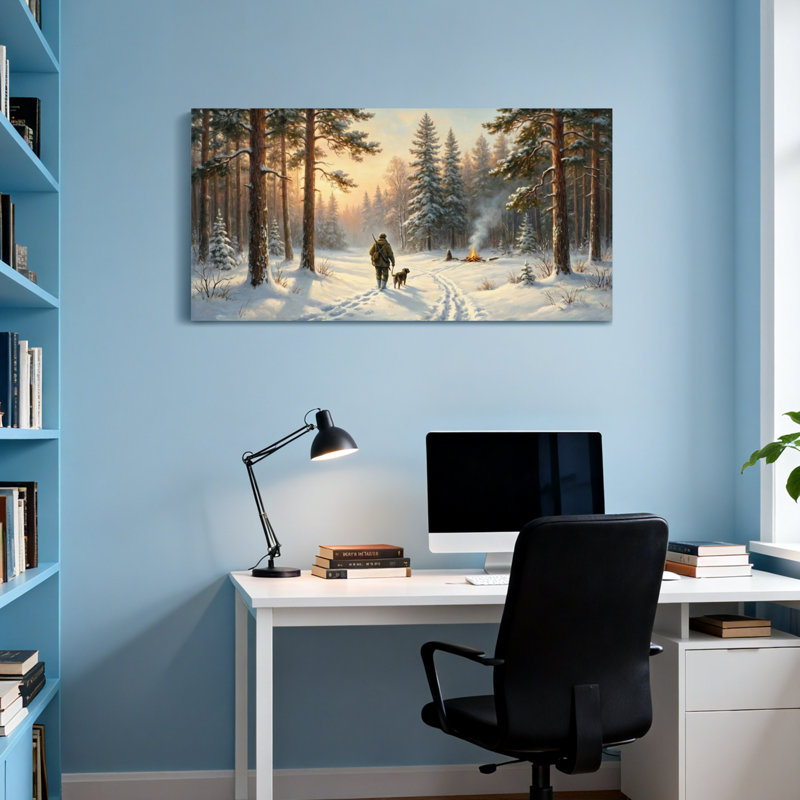 Paysage et nature Hiver forêt homme chien sentier de neige coucher de soleil pins, H 24 po x l 48 po