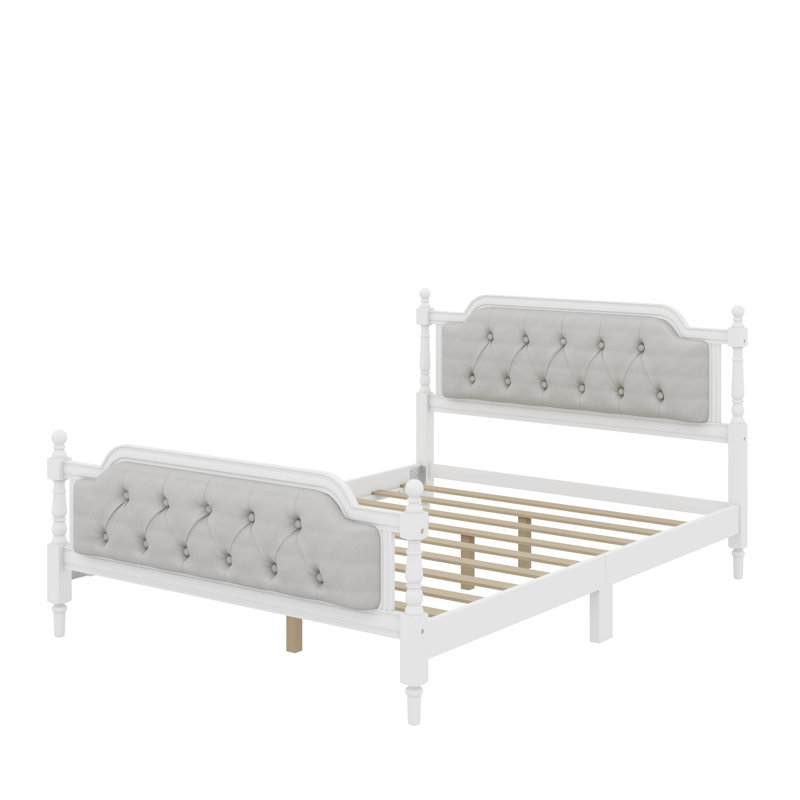 Structure de lit de style traditionnel avec tête de lit tapissier capitonnée, Blanc antique, Double