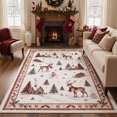 Tapis de salle à manger lavable à poils ras, motif animaux de Noël bonhomme de neige et rennes, ivoire/brun