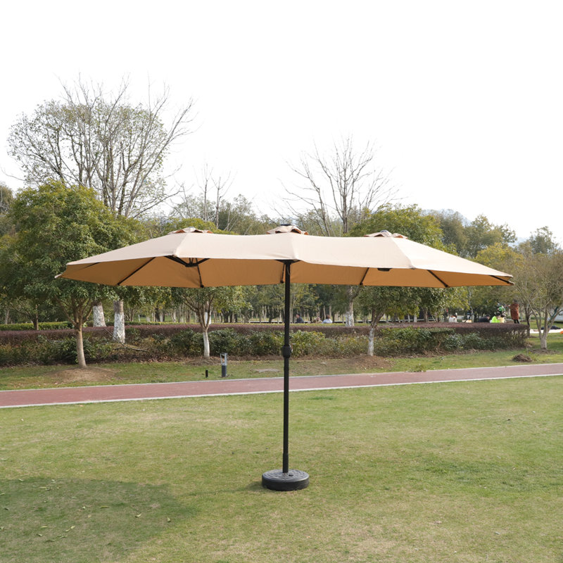 Parasol de marché pour terrasse simple rectangulaire double 15 x 9 pi avec lumière et base, Taupe