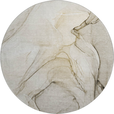8' Beige And Ivory Abstract Washable Round Rug With UV Protection