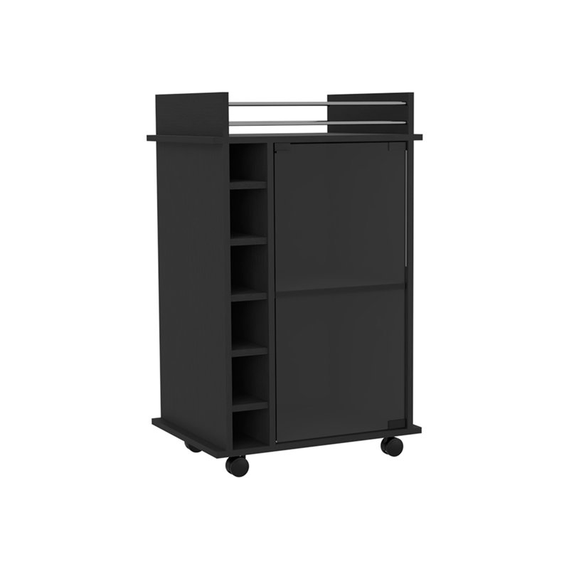 Chariot-bar, porte en verre, quatre roulettes, deux tablettes, noir, Noir