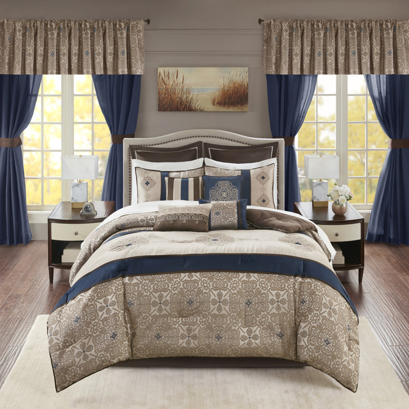  Delaney Jacquard Traditional 24 Piece Room in a Bag, King Comforter + 23 Additional Pieces, Navy