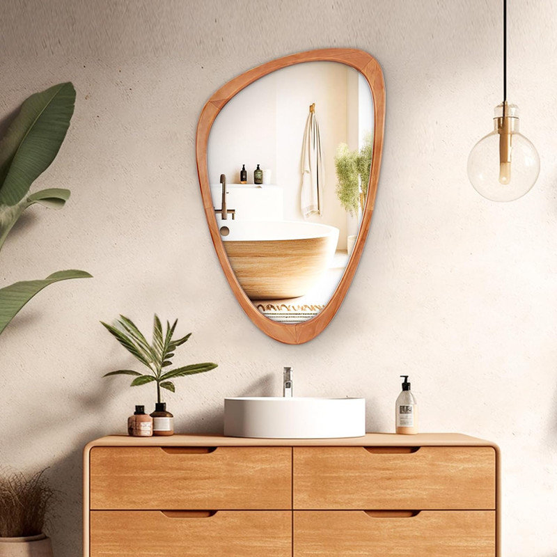 Asymmetrical Solid Wood Framed Wall Mirror, 30" H x 19" W